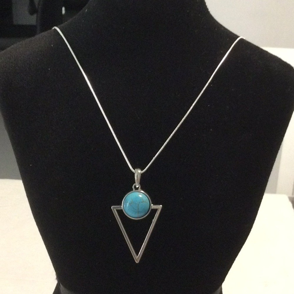 Geometric Silver Necklace with Turquoise Accent NWOT *